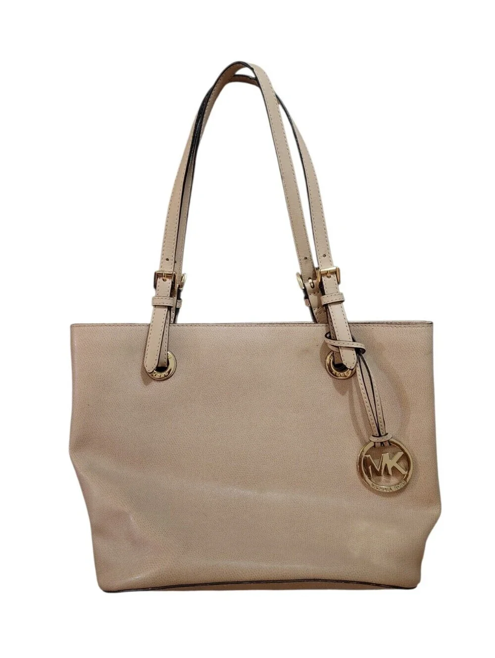Michael Kors Peach Beige Leather Tote Shoulder Bag w Gold MK Charm